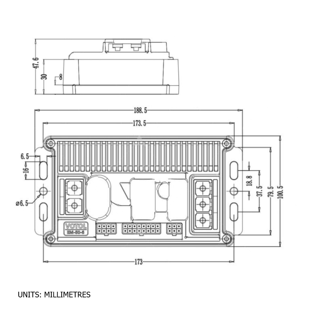 VOTOL EM50-6P Controller with USB + Heatsink, 50A Battery, 170A Phase